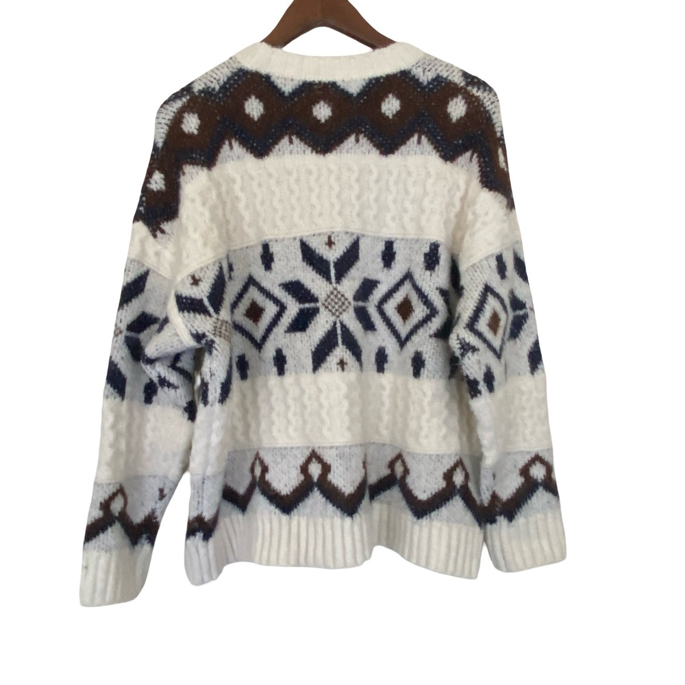 Woven Heart Women Sweater M White Fair Isle Cable‎ Knit Wool Blend Pullover